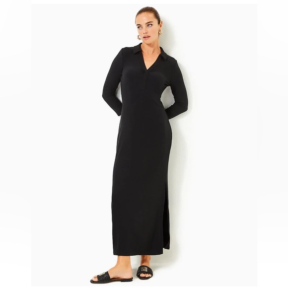 NWT Lilly Pulitzer Ollie 3/4 Sleeve Maxi Polo Dress in Noir/Black Size: Small - Picture 1 of 6